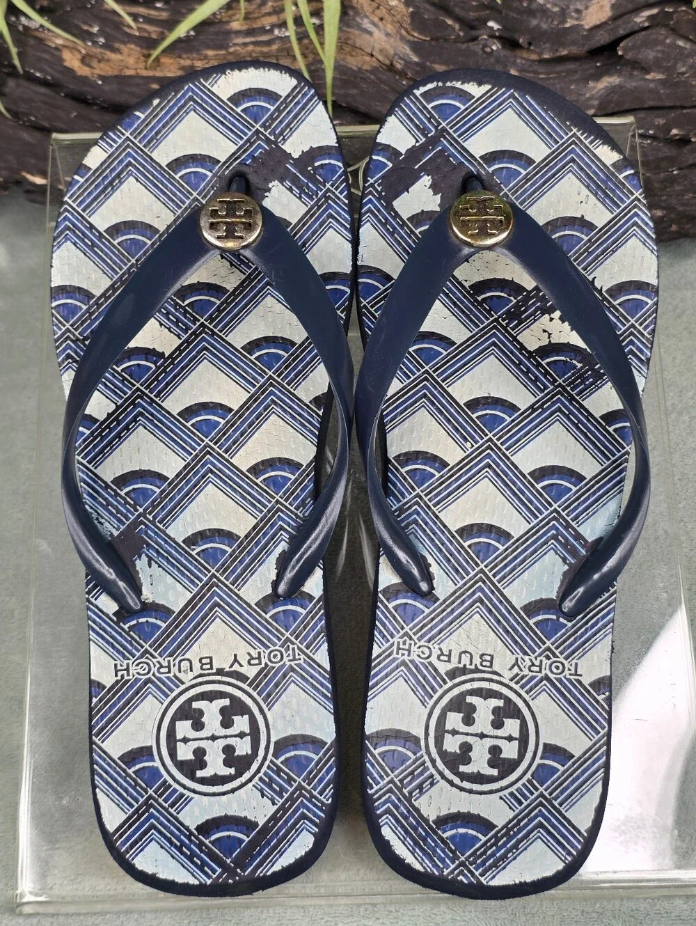 Tory Burch Blue & White Geometric Logo Print Flip Flop Sandals w/ Gold Medallion